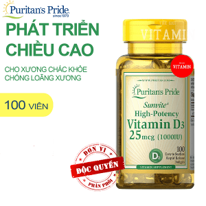 Viên uống Puritan’s Pride Vitamin D3 25mcg (1000IU) (100 viên) – Bổ sung vitamin D3, tăng cường hấp thu Canxi