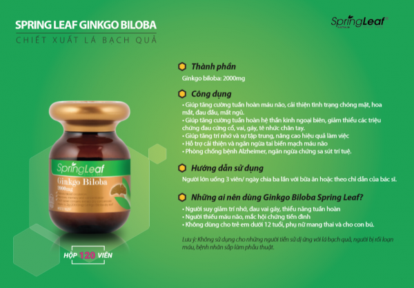 Spring Leaf Ginkgo Biloba 2000mg - Viên uống hỗ trợ cải thiện tuần hoàn máu não