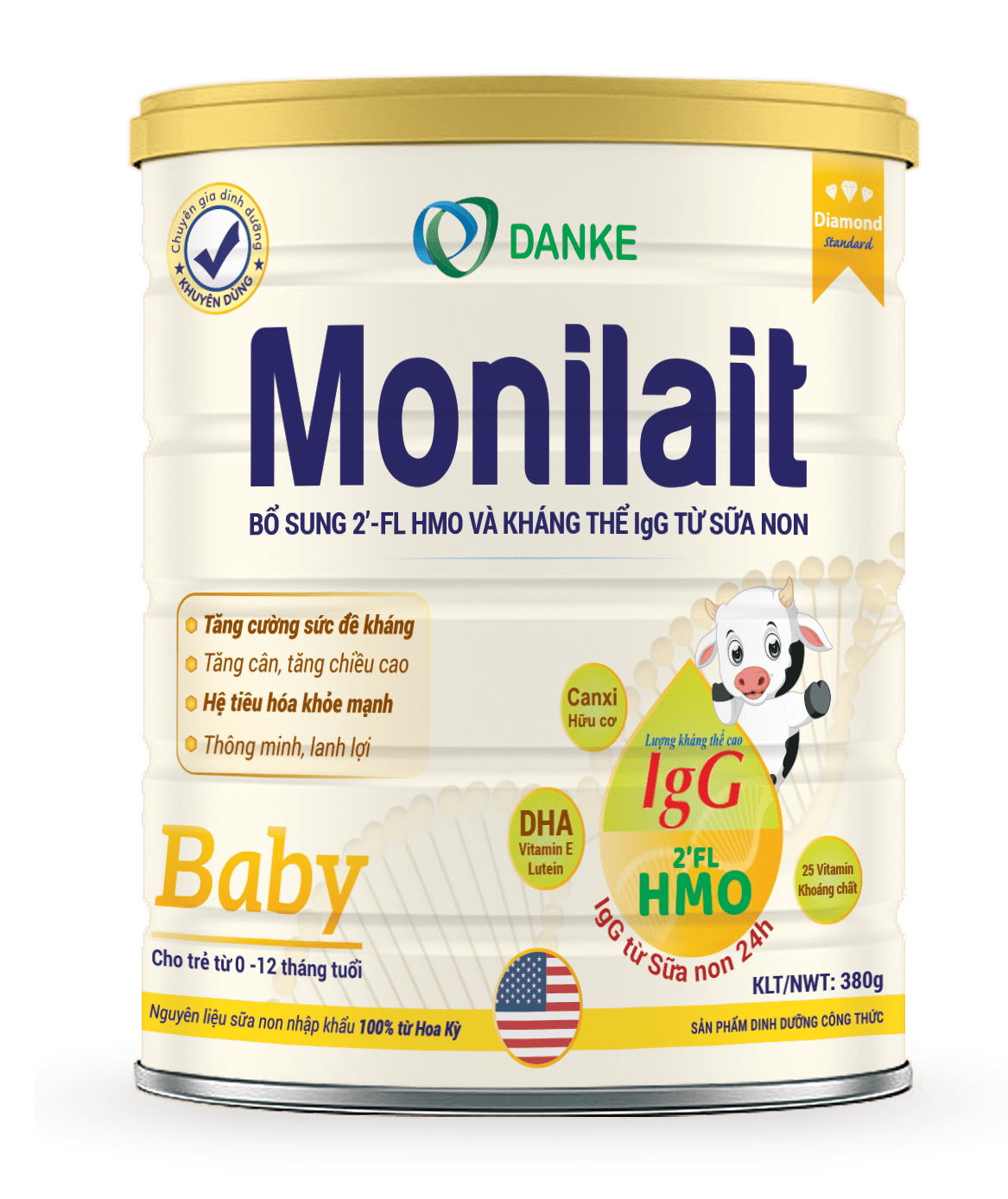 Monilait Baby bổ sun thêm kháng thể tự nhiên IgG từ sữa non, chất xơ hoà tan 2′ – FL HMO 