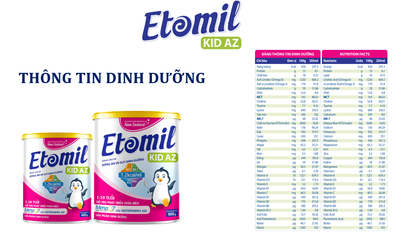 Sữa Etomil Kid AZ (900g) cao năng lượng cho trẻ nhẹ cân, biếng ăn và suy dinh dưỡng